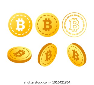 Bitcoin coins in different isometric angles. Money can be used for web banners, videos, posters.Physical bitcoin. Digital currency. Gold vector illustration.