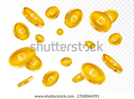 Bitcoin coins explosion. Falling Golden Bitcoin Coins Isolated on transparent background. Cryptocurrency, electronic payments and blockchain. bitcoins splash. Digital currency vector illustration