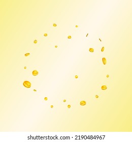 Bitcoin coins falling. Cryptocurrency scattered gold BTC coins. Internet currency. Great business success concept. Square vector illustration.