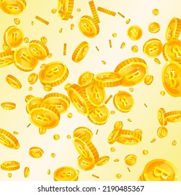 Bitcoin coins falling. Cryptocurrency scattered gold BTC coins. Internet currency. Jackpot wealth or success concept. Square vector illustration.
