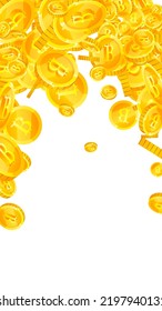 Bitcoin coins falling. Cryptocurrency scattered gold BTC coins. Internet currency. Global financial crisis concept. Vector illustration.