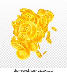 Bitcoin coins falling. Cryptocurrency scattered gold BTC coins. Internet currency. Global financial crisis concept. Square vector illustration.