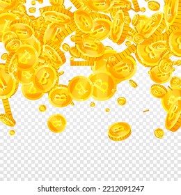 Bitcoin coins falling. Cryptocurrency scattered gold BTC coins. Internet currency. Great business success concept. Square vector illustration.