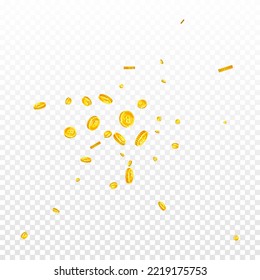 Bitcoin coins falling. Cryptocurrency scattered gold BTC coins. Internet currency. Great business success concept. Square vector illustration.