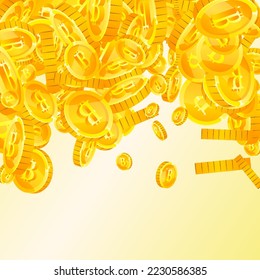 Bitcoin coins falling. Cryptocurrency scattered gold BTC coins. Internet currency. Great business success concept. Square vector illustration.
