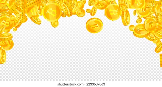 Bitcoin coins falling. Cryptocurrency scattered gold BTC coins. Internet currency. Jackpot wealth or success concept. Wide vector illustration.
