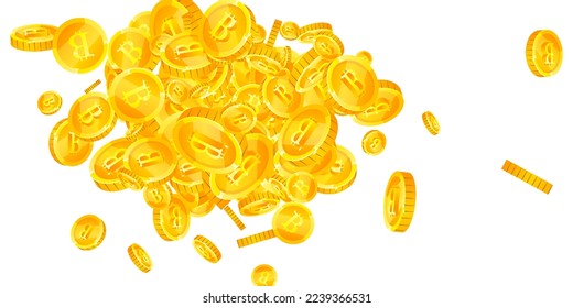 Bitcoin coins falling. Cryptocurrency scattered gold BTC coins. Internet currency. Jackpot wealth or success concept. Wide vector illustration.