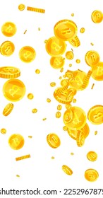 Bitcoin coins falling. Cryptocurrency scattered gold BTC coins. Internet currency. Great business success concept. Vector illustration.