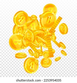 Bitcoin coins falling. Cryptocurrency scattered gold BTC coins. Internet currency. Jackpot wealth or success concept. Square vector illustration.