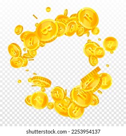 Bitcoin coins falling. Cryptocurrency scattered gold BTC coins. Internet currency. Great business success concept. Square vector illustration.