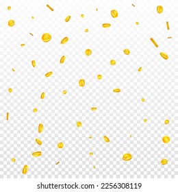 Bitcoin coins falling. Cryptocurrency scattered gold BTC coins. Internet currency. Jackpot wealth or success concept. Square vector illustration.