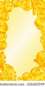 Bitcoin coins falling. Cryptocurrency scattered gold BTC coins. Internet currency. Global financial crisis concept. Vector illustration.