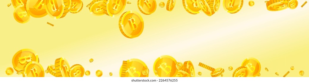 Bitcoin coins falling. Cryptocurrency scattered gold BTC coins. Internet currency. Global financial crisis concept. Panoramic vector illustration.