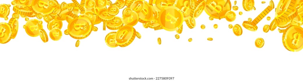 Monedas de bitcoin cayendo. Monedas de oro esparcidas por criptodivisa BTC. Moneda de Internet. Gran concepto de éxito empresarial. Ilustración de vector panorámica.