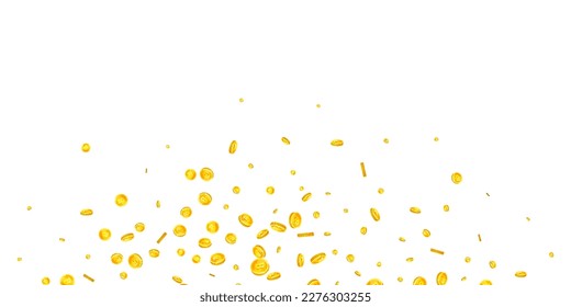 Monedas de bitcoin cayendo. Monedas de oro esparcidas por criptodivisa BTC. Moneda de Internet. Concepto de crisis financiera global. Ilustración vectorial amplia.