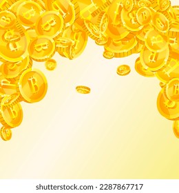 Bitcoin coins falling. Cryptocurrency scattered gold BTC coins. Internet currency. Jackpot wealth or success concept. Square vector illustration.