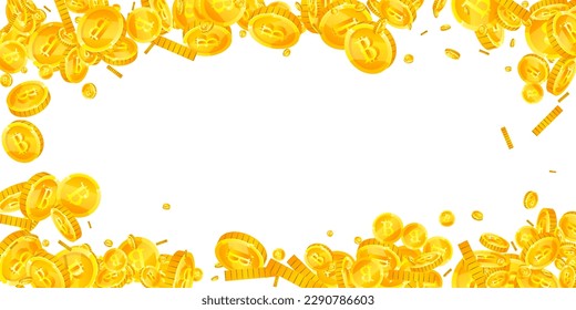 Bitcoin coins falling. Cryptocurrency scattered gold BTC coins. Internet currency. Jackpot wealth or success concept. Wide vector illustration.
