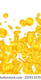 Bitcoin coins falling. Cryptocurrency scattered gold BTC coins. Internet currency. Great business success concept. Vector illustration.