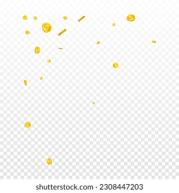 Bitcoin coins falling. Cryptocurrency scattered gold BTC coins. Internet currency. Great business success concept. Square vector illustration.