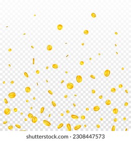 Bitcoin coins falling. Cryptocurrency scattered gold BTC coins. Internet currency. Global financial crisis concept. Square vector illustration.