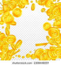 Bitcoin coins falling. Cryptocurrency scattered gold BTC coins. Internet currency. Great business success concept. Square vector illustration.
