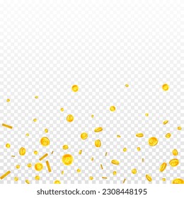 Bitcoin coins falling. Cryptocurrency scattered gold BTC coins. Internet currency. Jackpot wealth or success concept. Square vector illustration.
