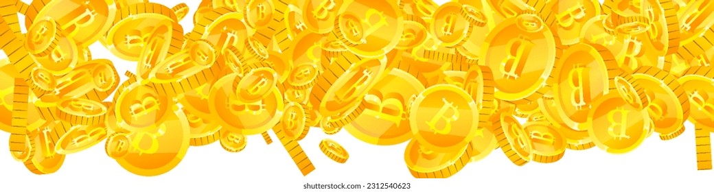 Bitcoin coins falling. Cryptocurrency scattered gold BTC coins. Internet currency. Great business success concept. Panoramic vector illustration.