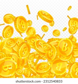 Bitcoin coins falling. Cryptocurrency scattered gold BTC coins. Internet currency. Jackpot wealth or success concept. Square vector illustration.