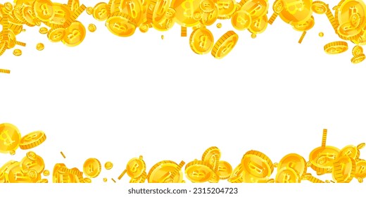 Monedas de bitcoin cayendo. Monedas de oro esparcidas por criptodivisa BTC. Moneda de Internet. El concepto de riqueza o éxito del bote. Ilustración vectorial amplia.