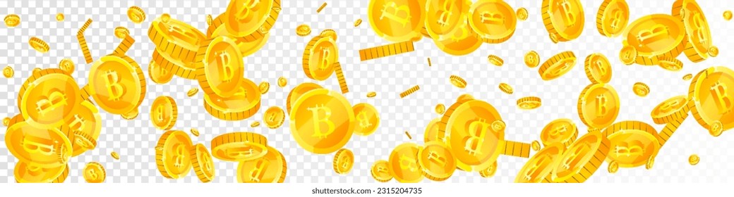 Bitcoin coins falling. Cryptocurrency scattered gold BTC coins. Internet currency. Global financial crisis concept. Panoramic vector illustration.