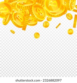 Bitcoin coins falling. Cryptocurrency scattered gold BTC coins. Internet currency. Great business success concept. Square vector illustration.