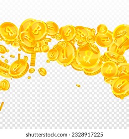 Bitcoin coins falling. Cryptocurrency scattered gold BTC coins. Internet currency. Great business success concept. Square vector illustration.