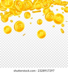 Monedas de bitcoin cayendo. Monedas de oro esparcidas por criptodivisa BTC. Moneda de Internet. Gran concepto de éxito empresarial. Ilustración vectorial cuadrada.