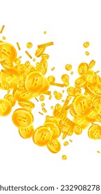 Bitcoin coins falling. Cryptocurrency scattered gold BTC coins. Internet currency. Great business success concept. Vector illustration.