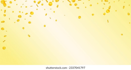 Bitcoin coins falling. Cryptocurrency scattered gold BTC coins. Internet currency. Jackpot wealth or success concept. Wide vector illustration.
