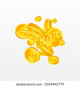 Bitcoin coins falling. Cryptocurrency scattered gold BTC coins. Internet currency. Jackpot wealth or success concept. Square vector illustration.