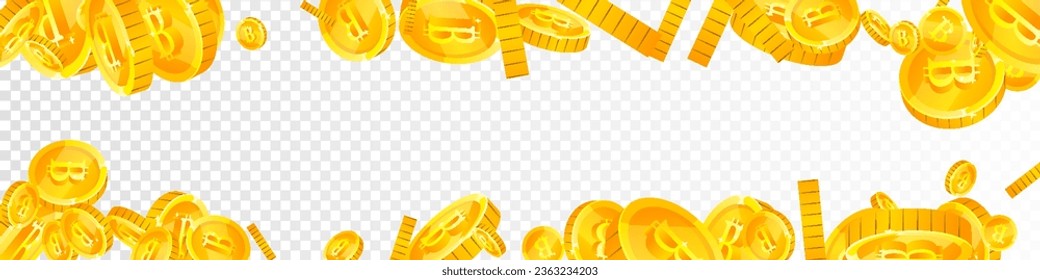 Bitcoin coins falling. Cryptocurrency scattered gold BTC coins. Internet currency. Great business success concept. Panoramic vector illustration.