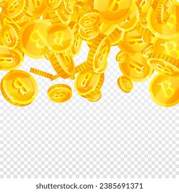 Bitcoin coins falling. Cryptocurrency scattered gold BTC coins. Internet currency. Jackpot wealth or success concept. Square vector illustration.
