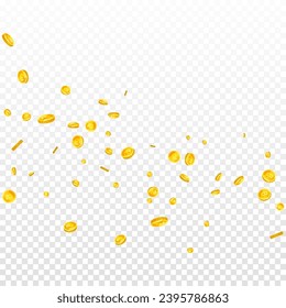 Bitcoin coins falling. Cryptocurrency scattered gold BTC coins. Internet currency. Great business success concept. Square vector illustration.