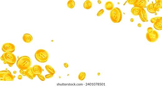 Bitcoin-Münzen fallen. Kryptowährungen verstreute Gold-BTC-Münzen. Internetwährung. Jackpot-Reichtum oder Erfolgskonzept. Große Vektorgrafik.