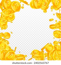 Bitcoin coins falling. Cryptocurrency scattered gold BTC coins. Internet currency. Global financial crisis concept. Square vector illustration.