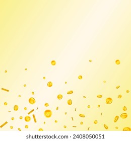 Bitcoin coins falling. Cryptocurrency scattered gold BTC coins. Internet currency. Great business success concept. Square vector illustration.