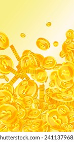 Bitcoin coins falling. Cryptocurrency scattered gold BTC coins. Internet currency. Jackpot wealth or success concept. Vector illustration.