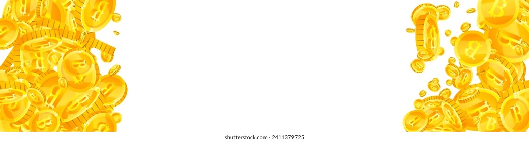 Bitcoin coins falling. Cryptocurrency scattered gold BTC coins. Internet currency. Jackpot wealth or success concept. Panoramic vector illustration.