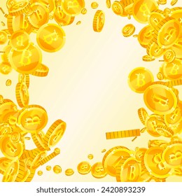 Bitcoin coins falling. Cryptocurrency scattered gold BTC coins. Internet currency. Great business success concept. Square vector illustration.