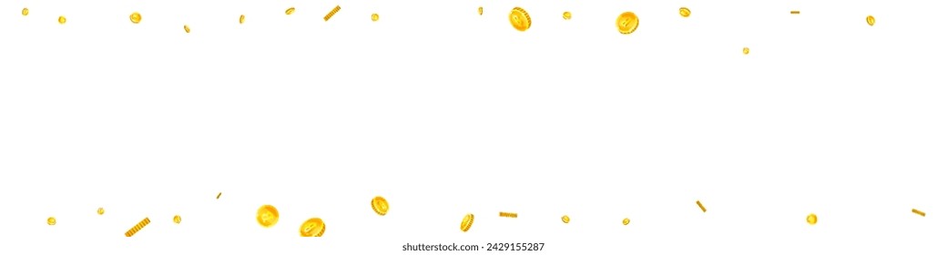 Bitcoin coins falling. Cryptocurrency scattered gold BTC coins. Internet currency. Great business success concept. Panoramic vector illustration.