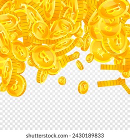 Las monedas de Bitcoin caen. Criptomonedas de oro esparcidas monedas BTC. Divisa de Internet. Gran concepto de éxito empresarial. Ilustración de vector cuadrado.