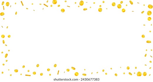 Bitcoin coins falling. Cryptocurrency scattered gold BTC coins. Internet currency. Jackpot wealth or success concept. Wide vector illustration.