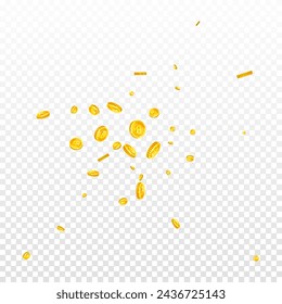 Bitcoin coins falling. Cryptocurrency scattered gold BTC coins. Internet currency. Global financial crisis concept. Square vector illustration.
