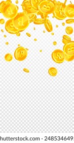 Bitcoin coins falling. Cryptocurrency scattered gold BTC coins. Internet currency. Global financial crisis concept. Vector illustration.
